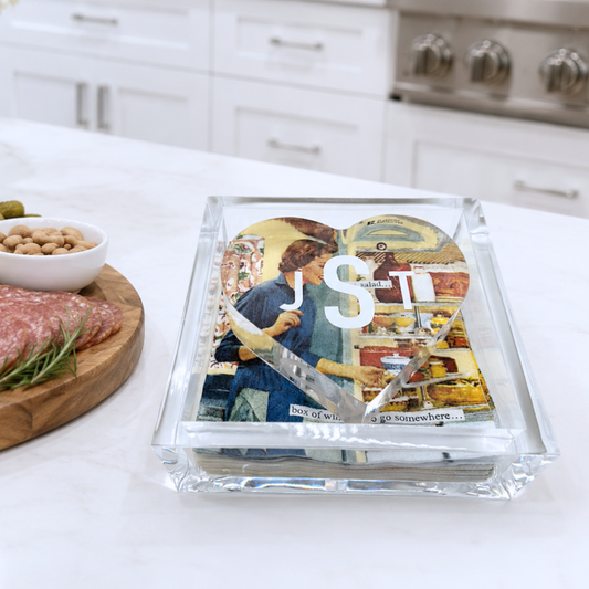 Personalized 6” x 6” acrylic cocktail napkin holder with acrylic heart weight