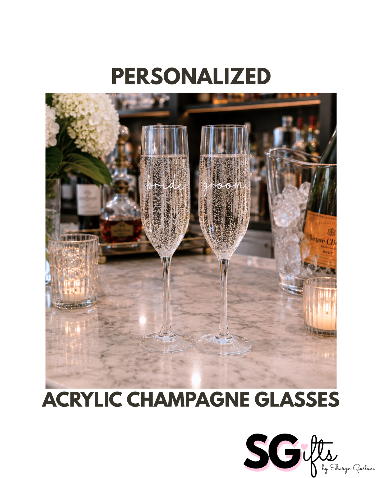 Personalized clear acrylic champagne glasses,  bride and groom set