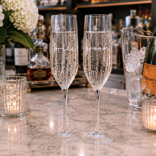 Personalized clear acrylic champagne glasses,  bride and groom set