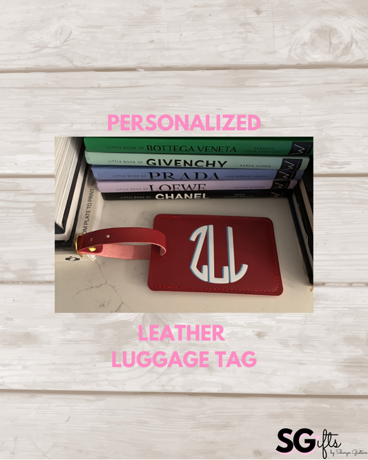 Personalized leather luggage tag red with 3 letter modern monogram