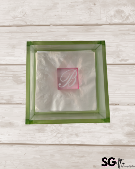 Personalized Acrylic 7.5" x 7.5" luncheon napkin holder with square weight- bar decor pink/green