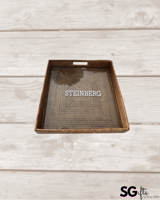 Personalized 16" rattan tray with glass insert