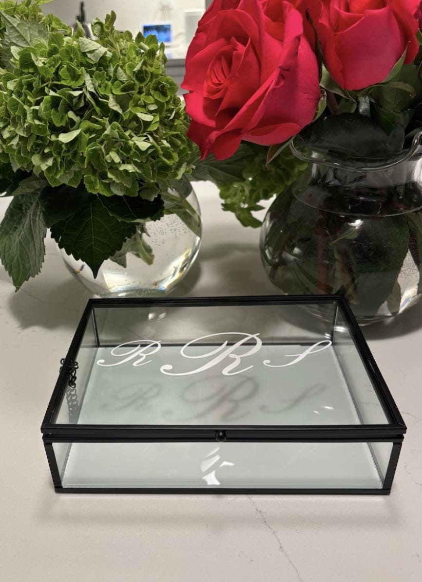 6" x 7.5" personalized glass box with dark hematite metal frame- romantic monogram