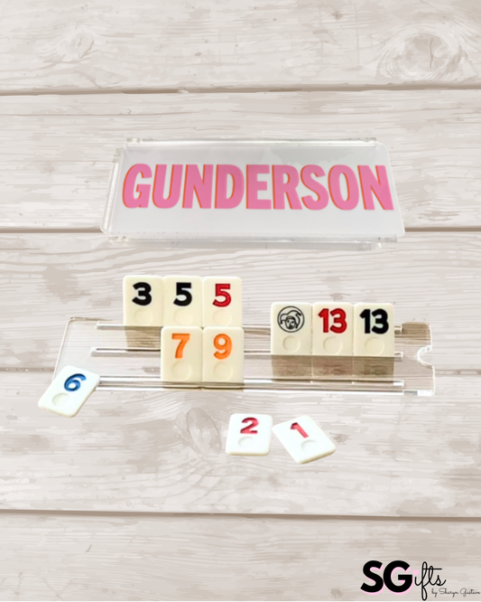 Personalized luxury acrylic rummikub set - custom name on opaque white lid