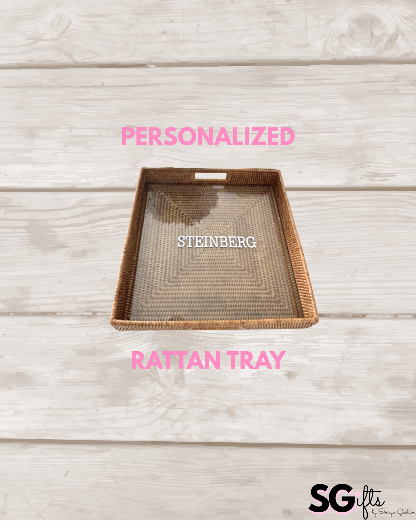 Personalized 16" rattan tray with glass insert