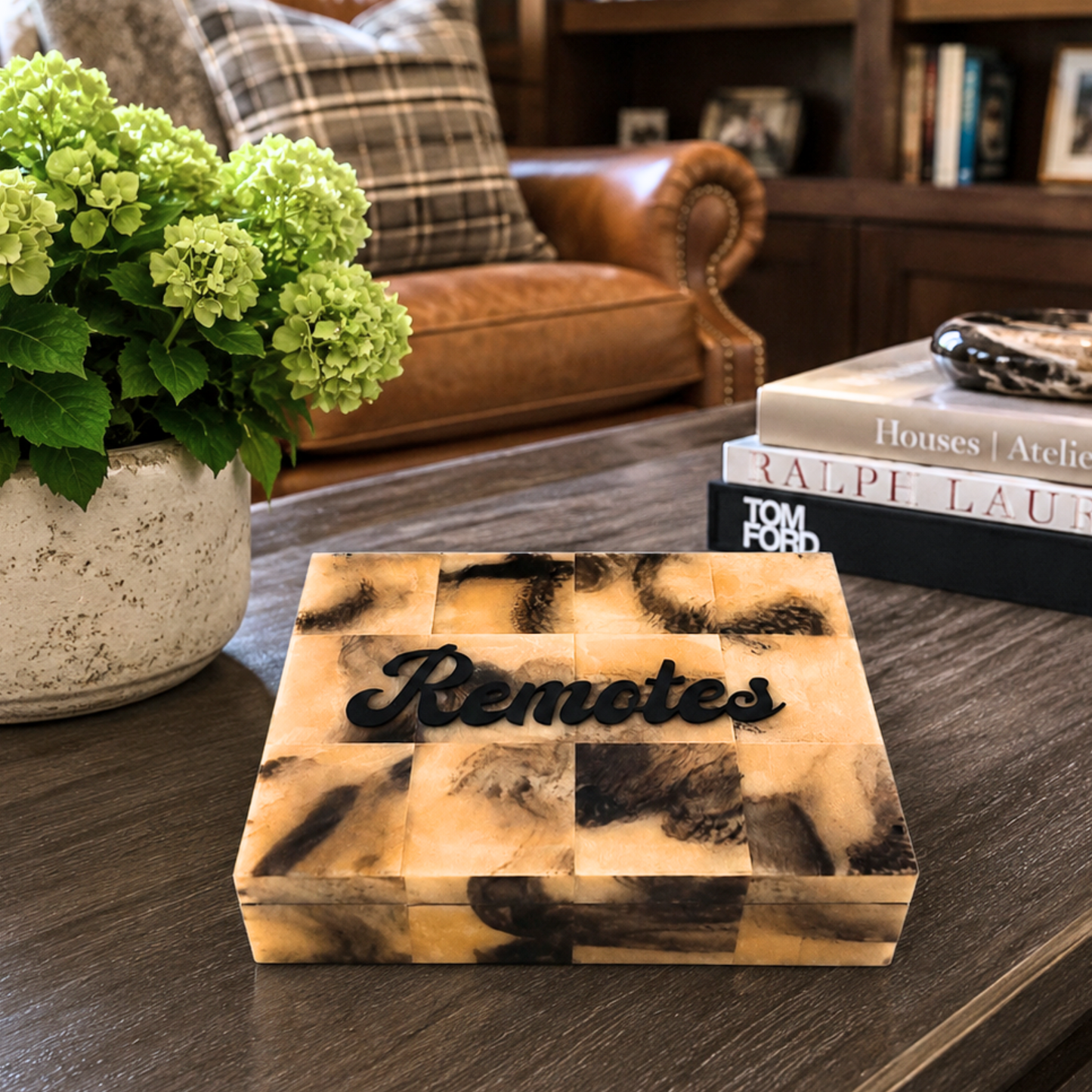 Personalized faux horn catchall box with Remotes
