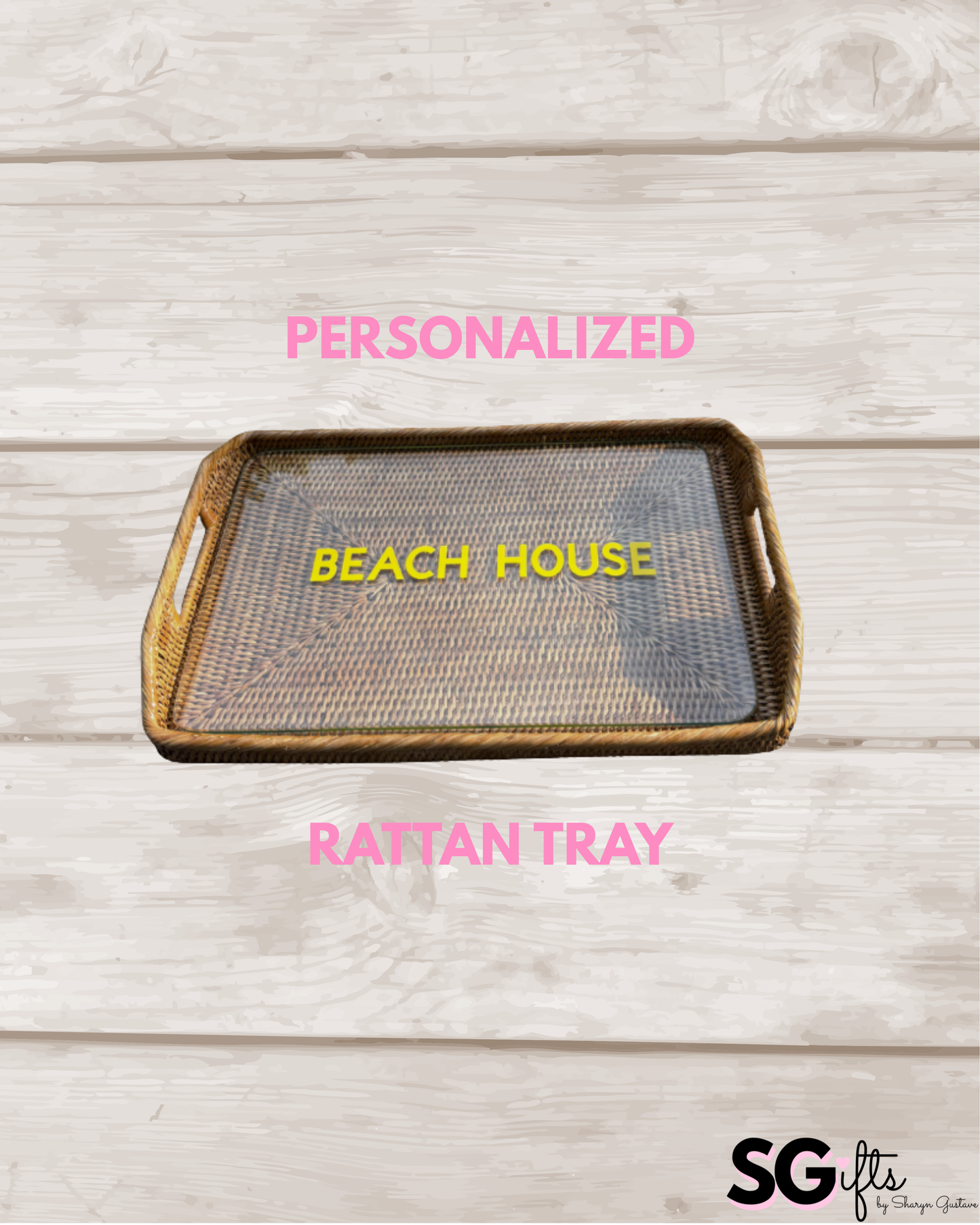 Personalized rattan tray with glass insert - BEACH HOUSE