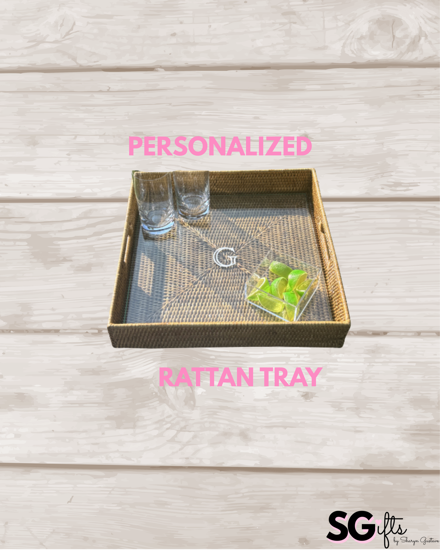 Personalized 16" rattan square tray with glass insert