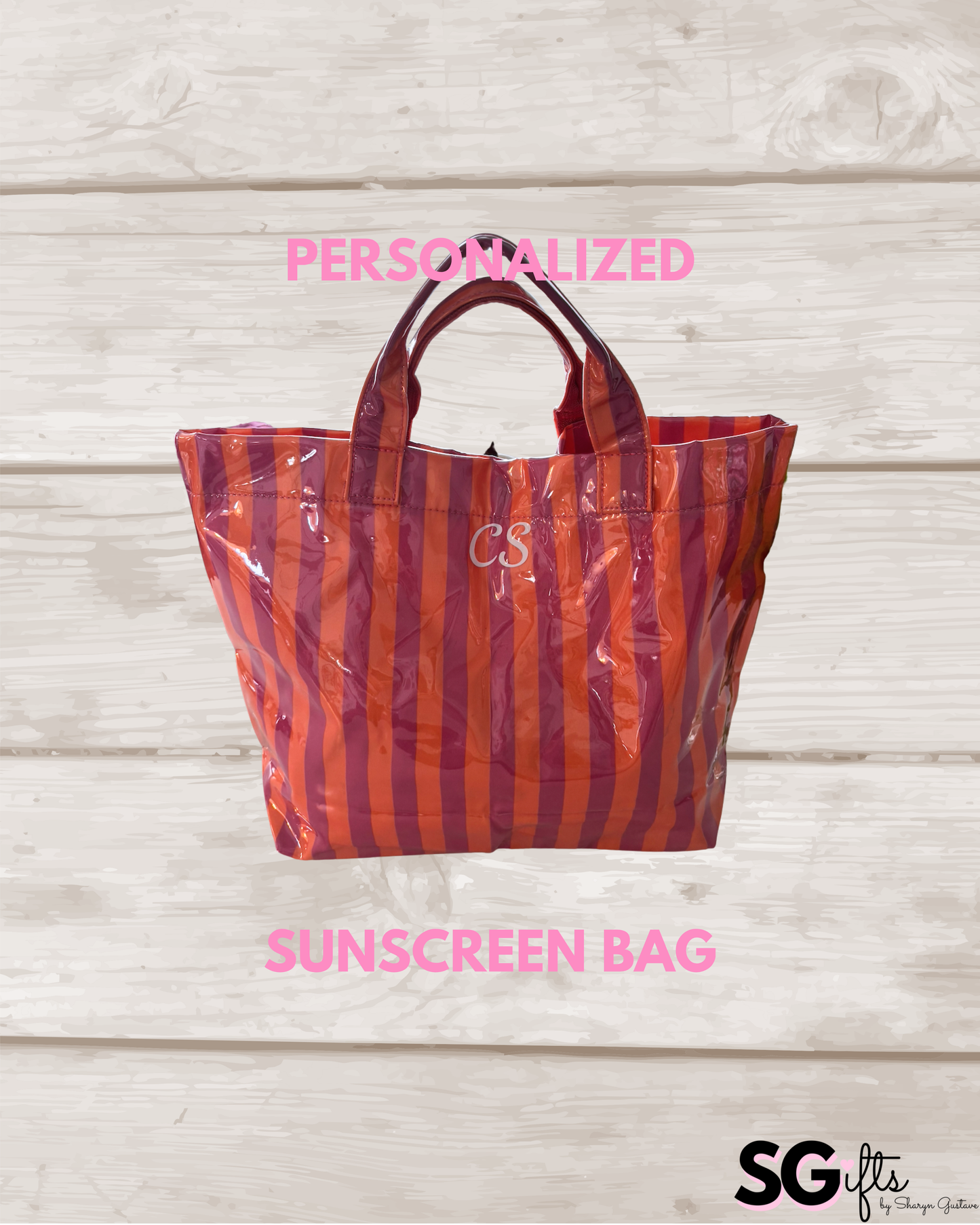 Personalized striped beach bag / waterproof  dark pink/orange