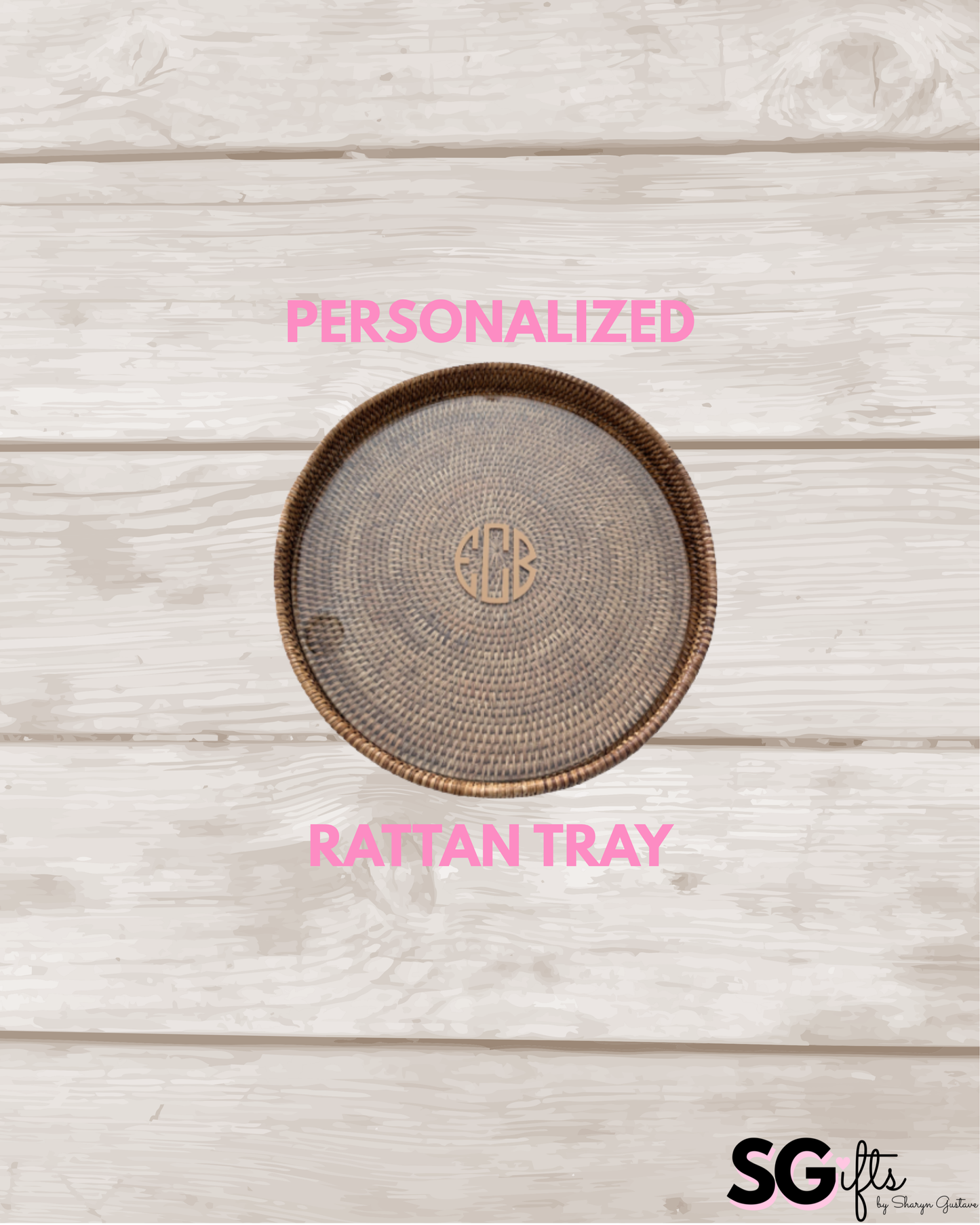 Personalized 16" x 2" round rattan tray with glass insert