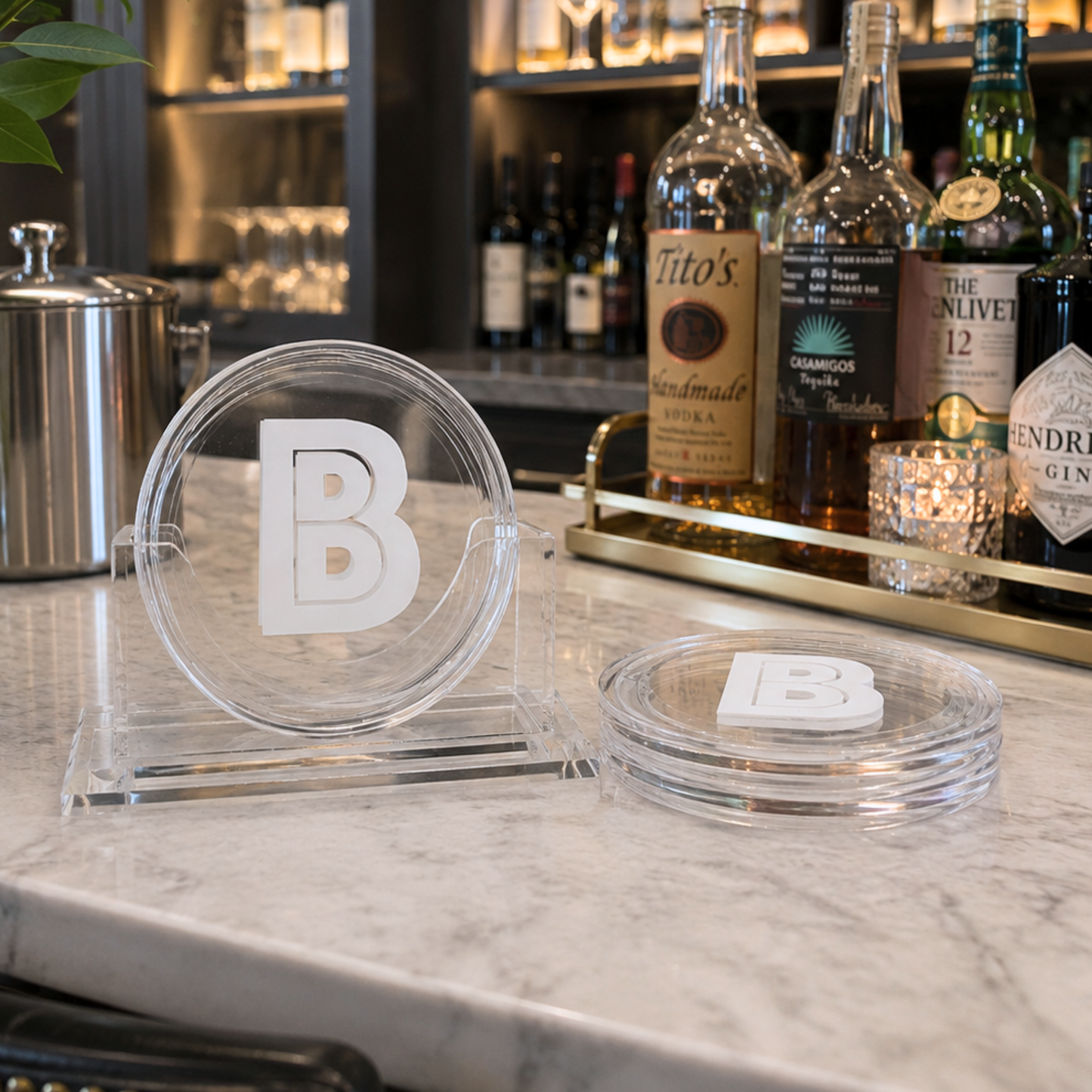 Personalized 4" clear acrylic round one letter coasters - set of 4