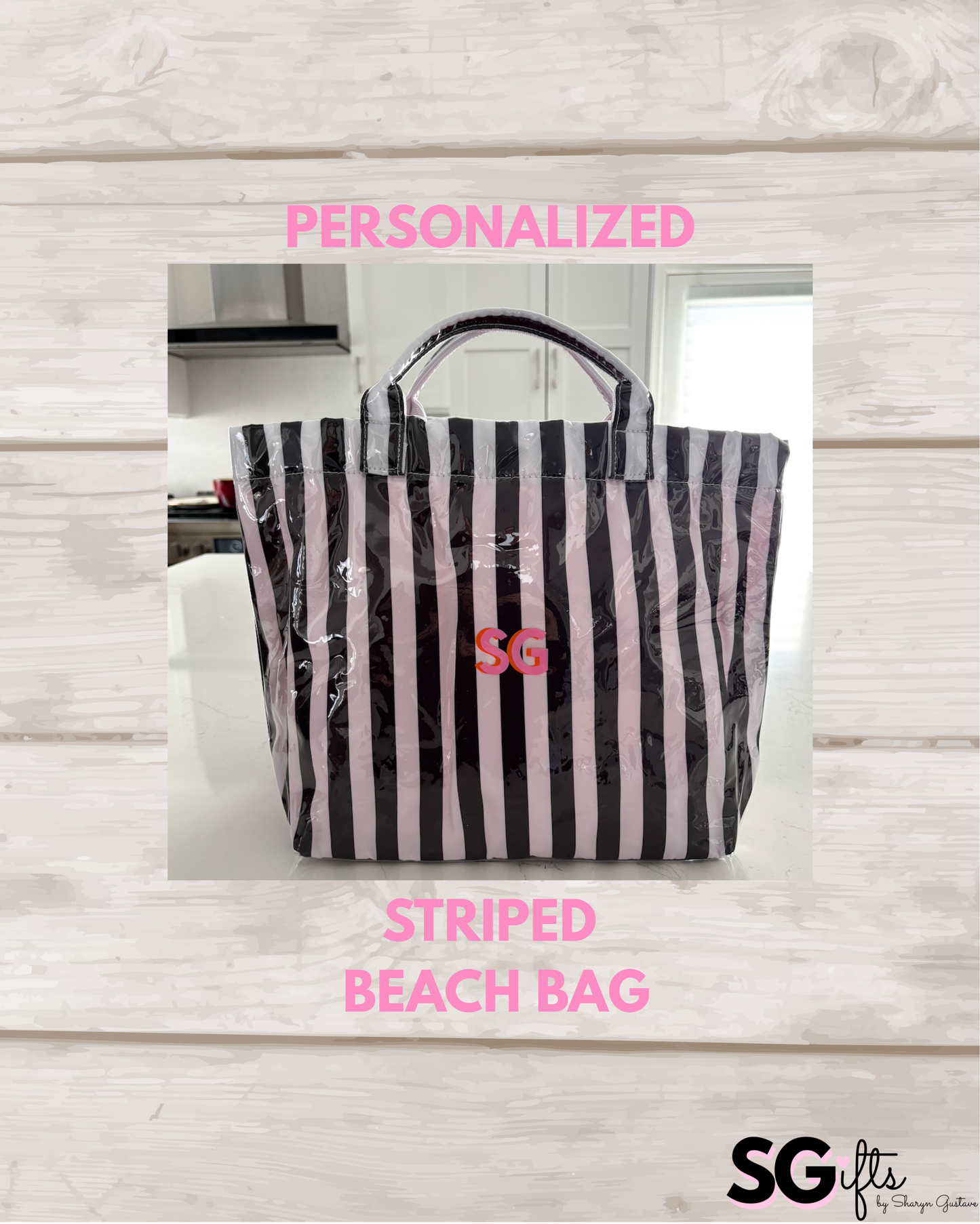 Personalized striped beach bag / waterproof black/white