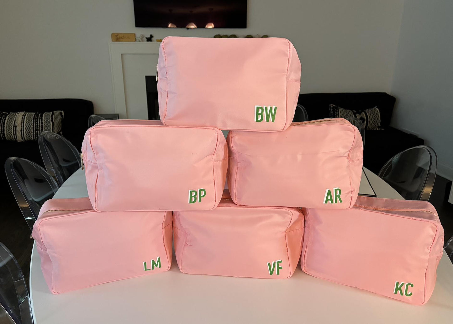 personalized nylon makeup bag- light pink with your monogram 11" x 5" x 7"