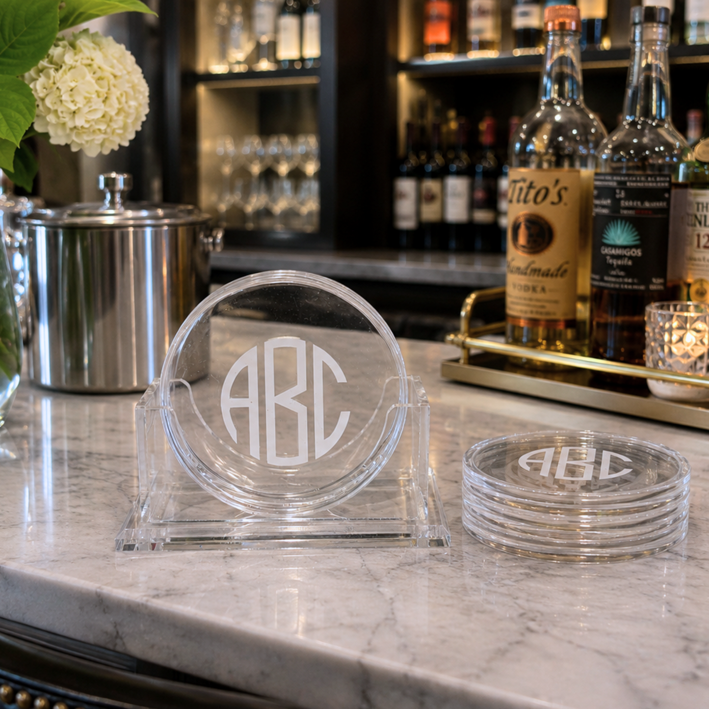 Personalized 4" clear acrylic round modern monogrammed coasters - set of 4