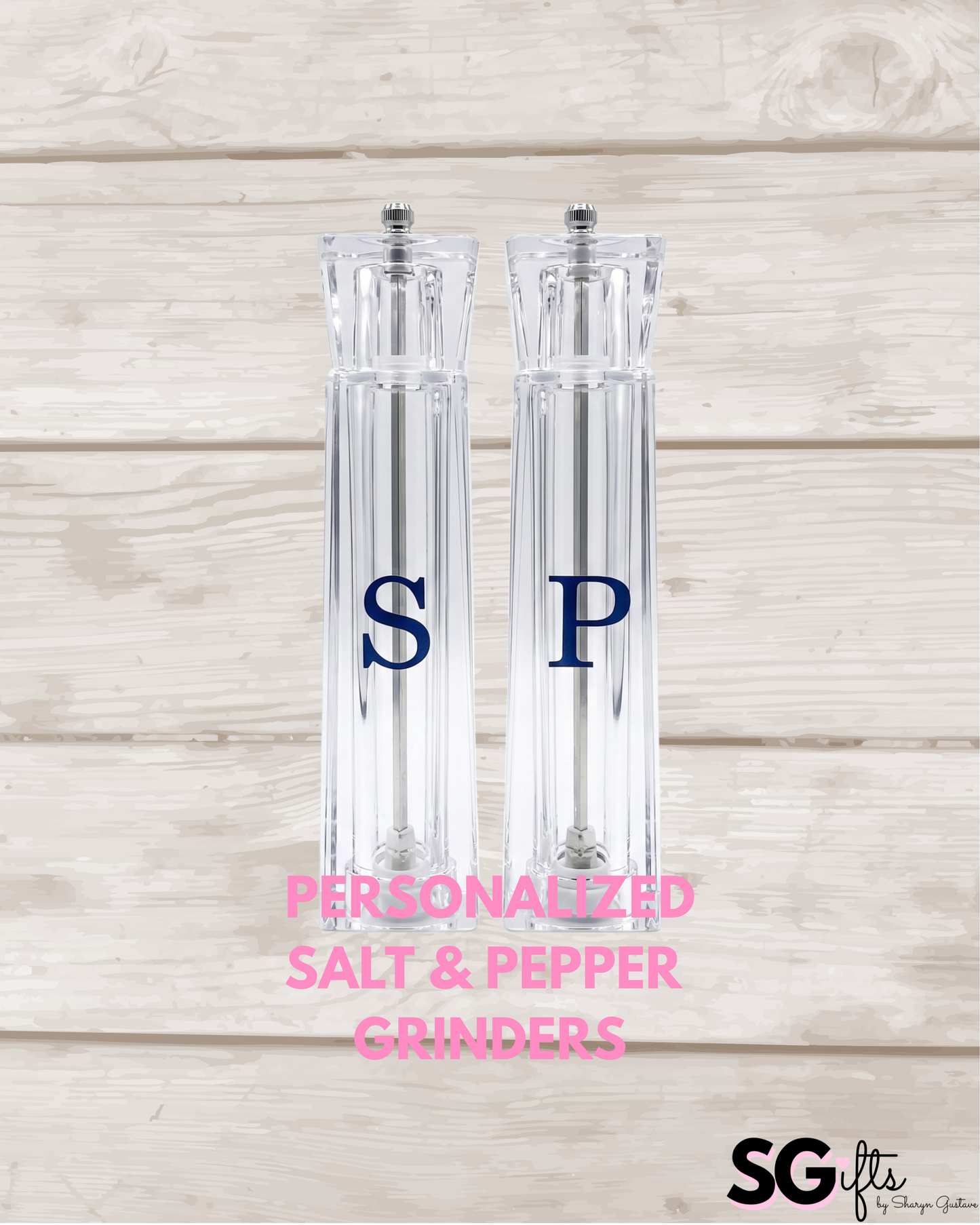 Personalized acrylic 12" salt and pepper shakers- black  - sold as set