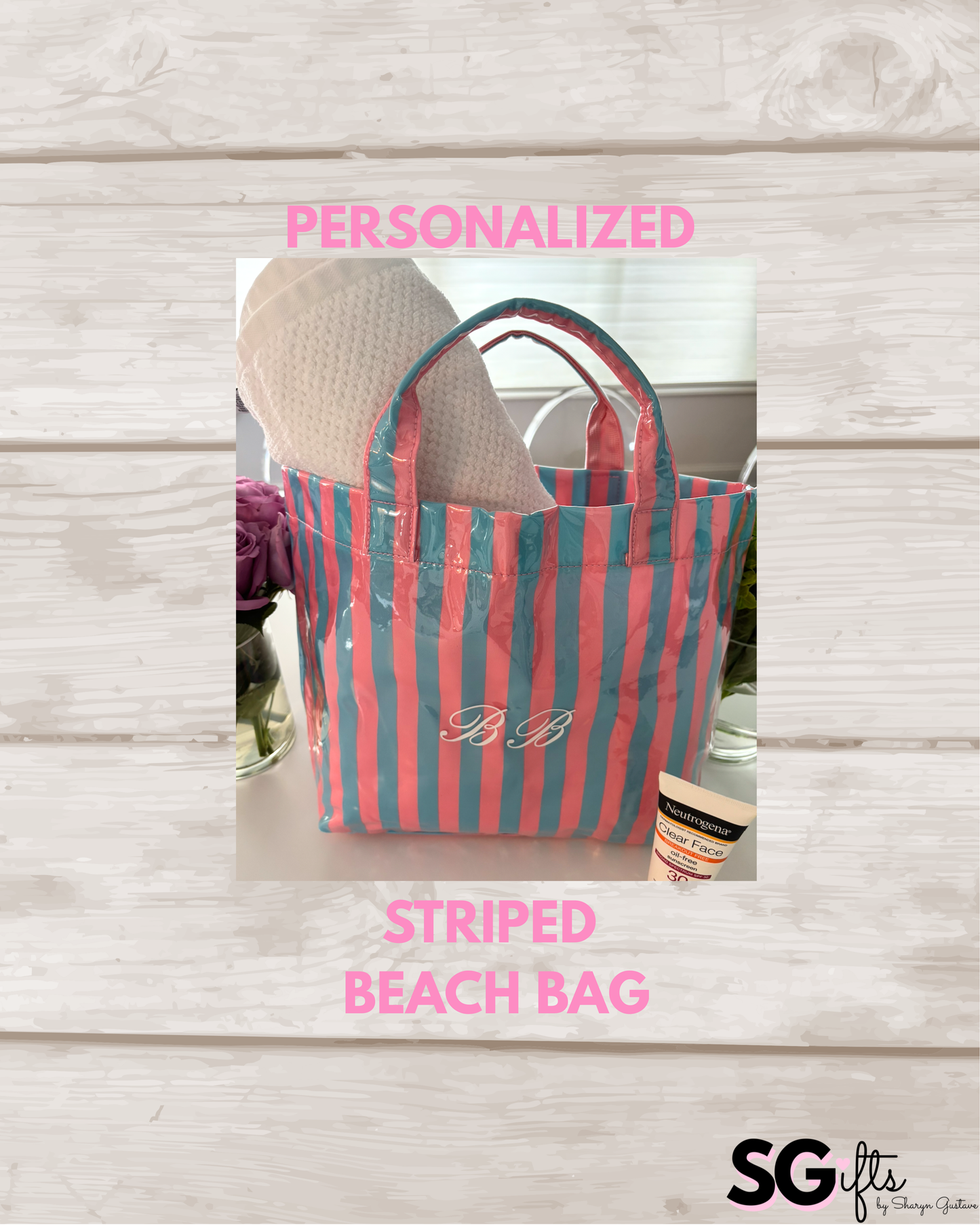 Personalized striped beach bag / waterproof  lt pink/ lt blue