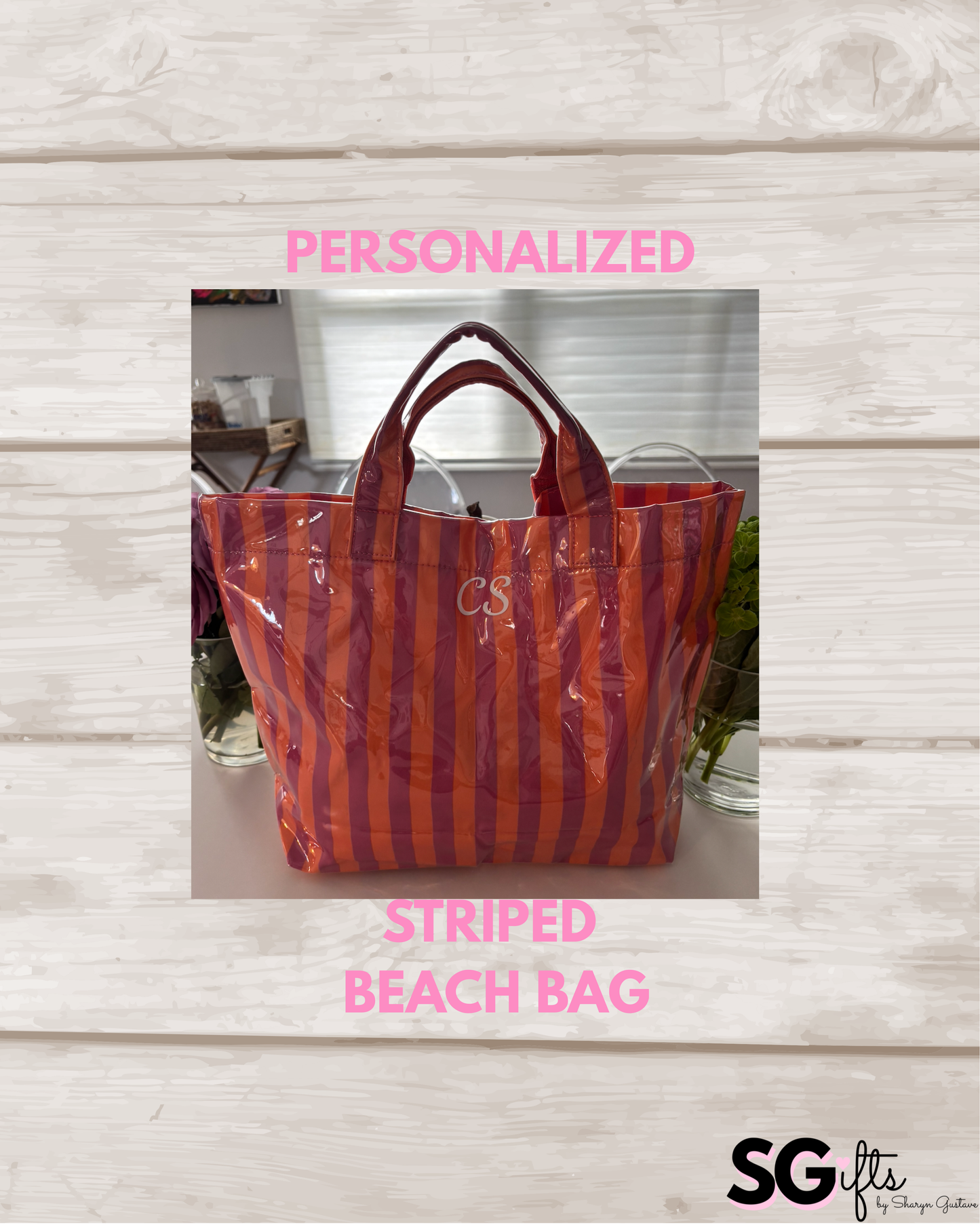 Personalized striped beach bag / waterproof  dark pink/orange
