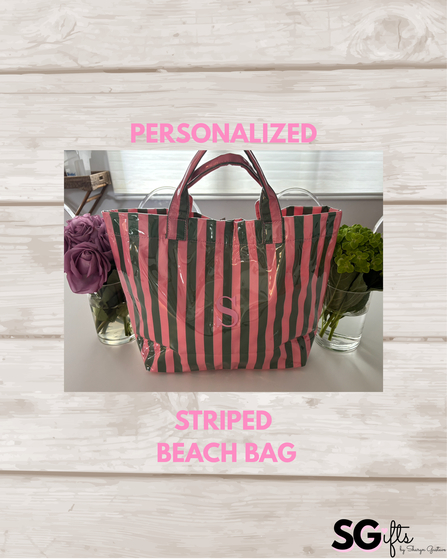 Personalized striped beach bag / waterproof  light pink/ green