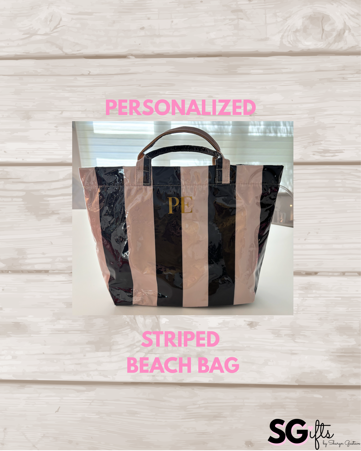 Personalized thick striped beach bag / waterproof black/taupe