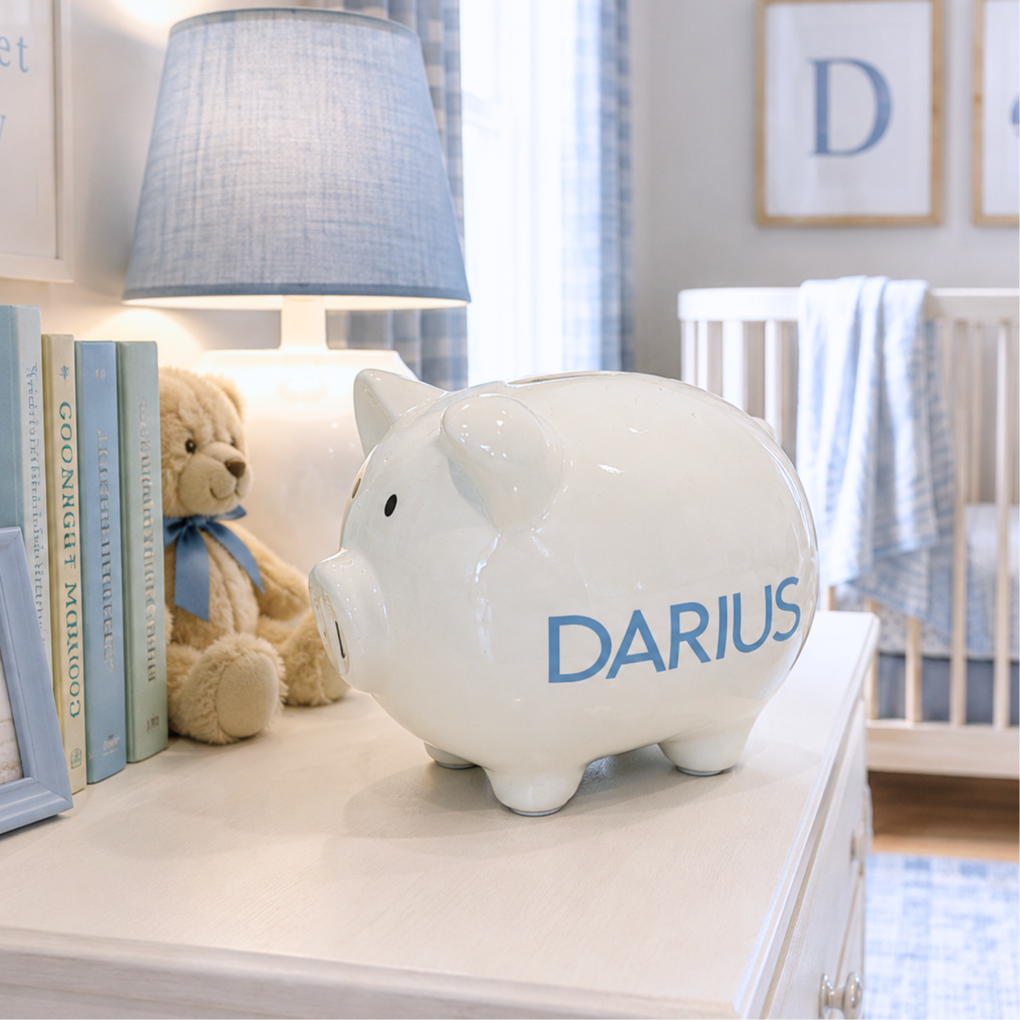 Personalized white ceramic piggy bank 6" x 4.5" x 5"