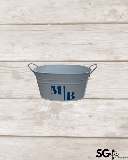 8" white metal tin personalized with a 2 letter line monogram