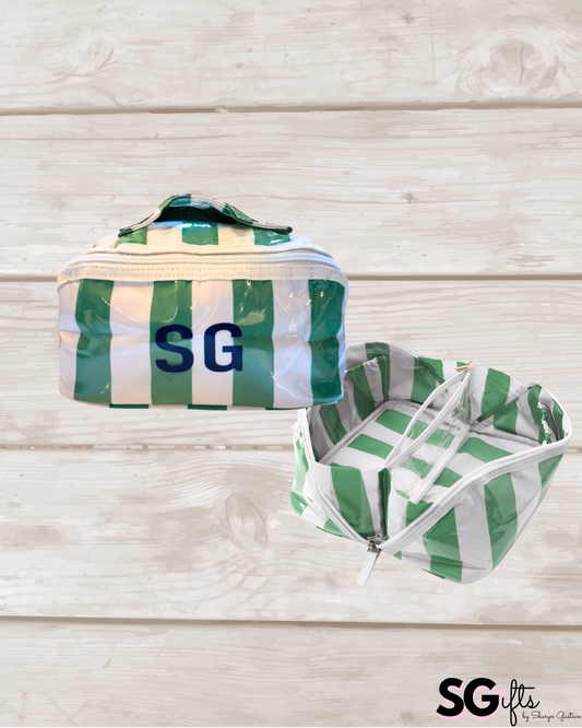 Personalized coated travel makeup bag with 3 compartments - green/white