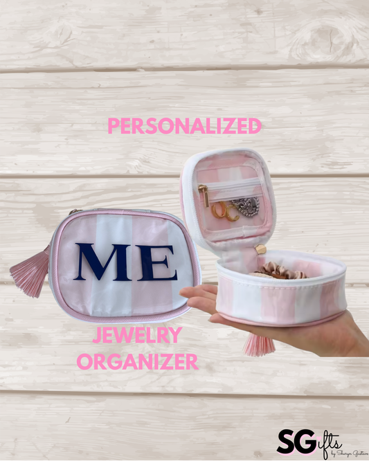 Personalized coated travel jewelry bag with tassel closure- pale pink / white