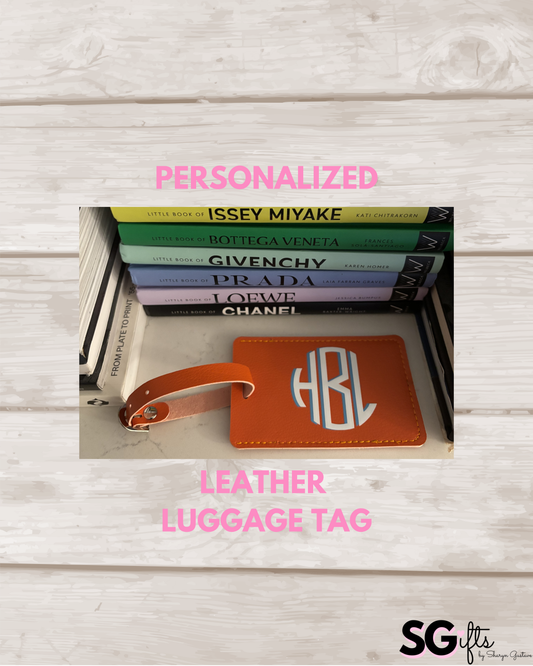 Personalized leather luggage tag orange with 2 letter monogram