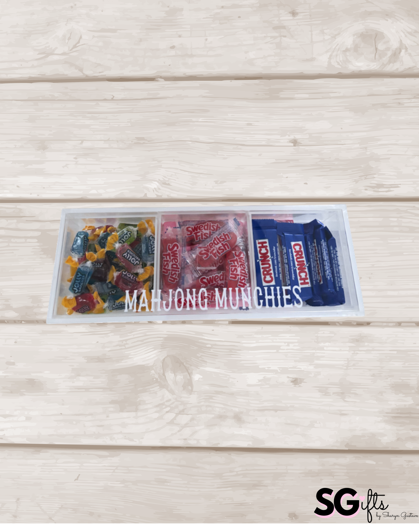 Personalized Mahjong Munchies 3 section clear acrylic serving tray, sold with the candy , sections are removable
