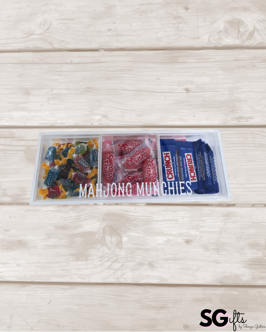 Personalized Mahjong Munchies 3 section clear acrylic serving tray, sold with the candy , sections are removable