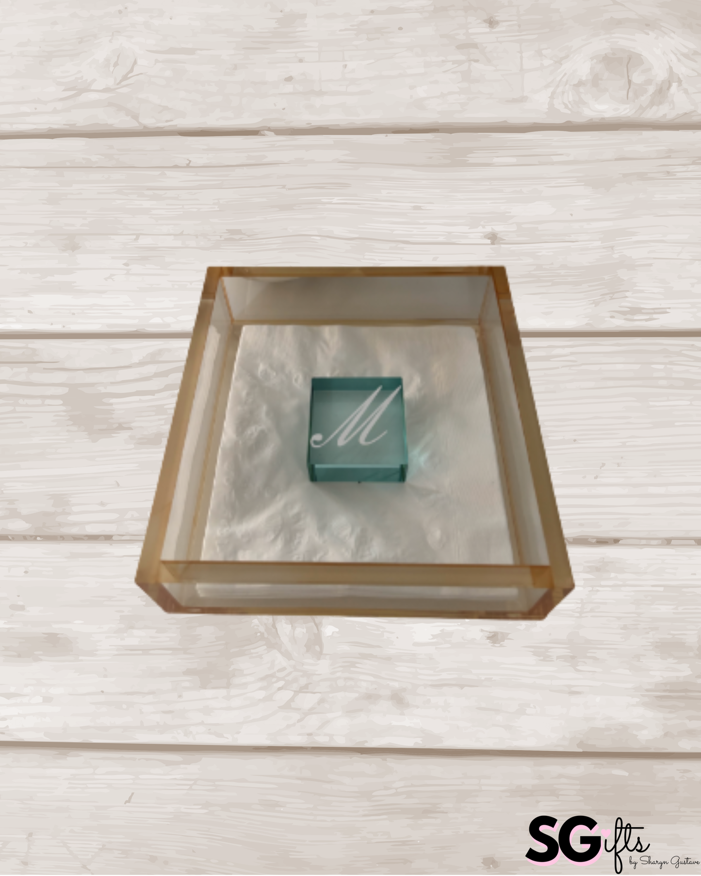 Personalized Acrylic 7.5" x 7.5" luncheon napkin holder with square weight- bar decor amber/teal
