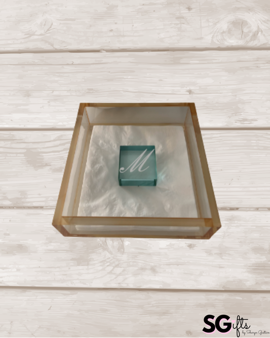 Personalized Acrylic 7.5" x 7.5" luncheon napkin holder with square weight- bar decor amber/teal
