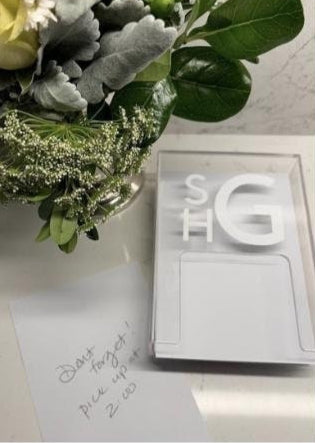 personalized 4" x 6" clear acrylic new memo holder (paper included) with your 3 letter up down monogram