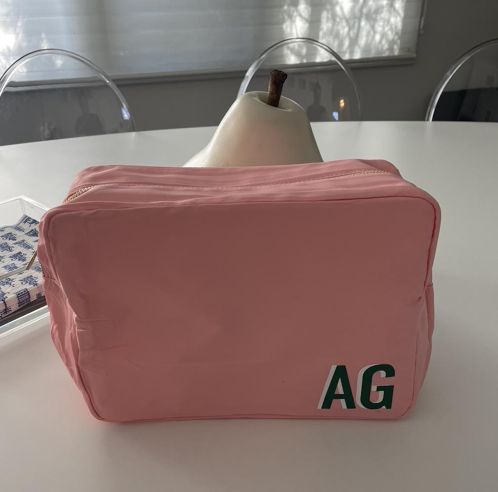 personalized nylon makeup bag- light pink with your monogram 11" x 5" x 7"