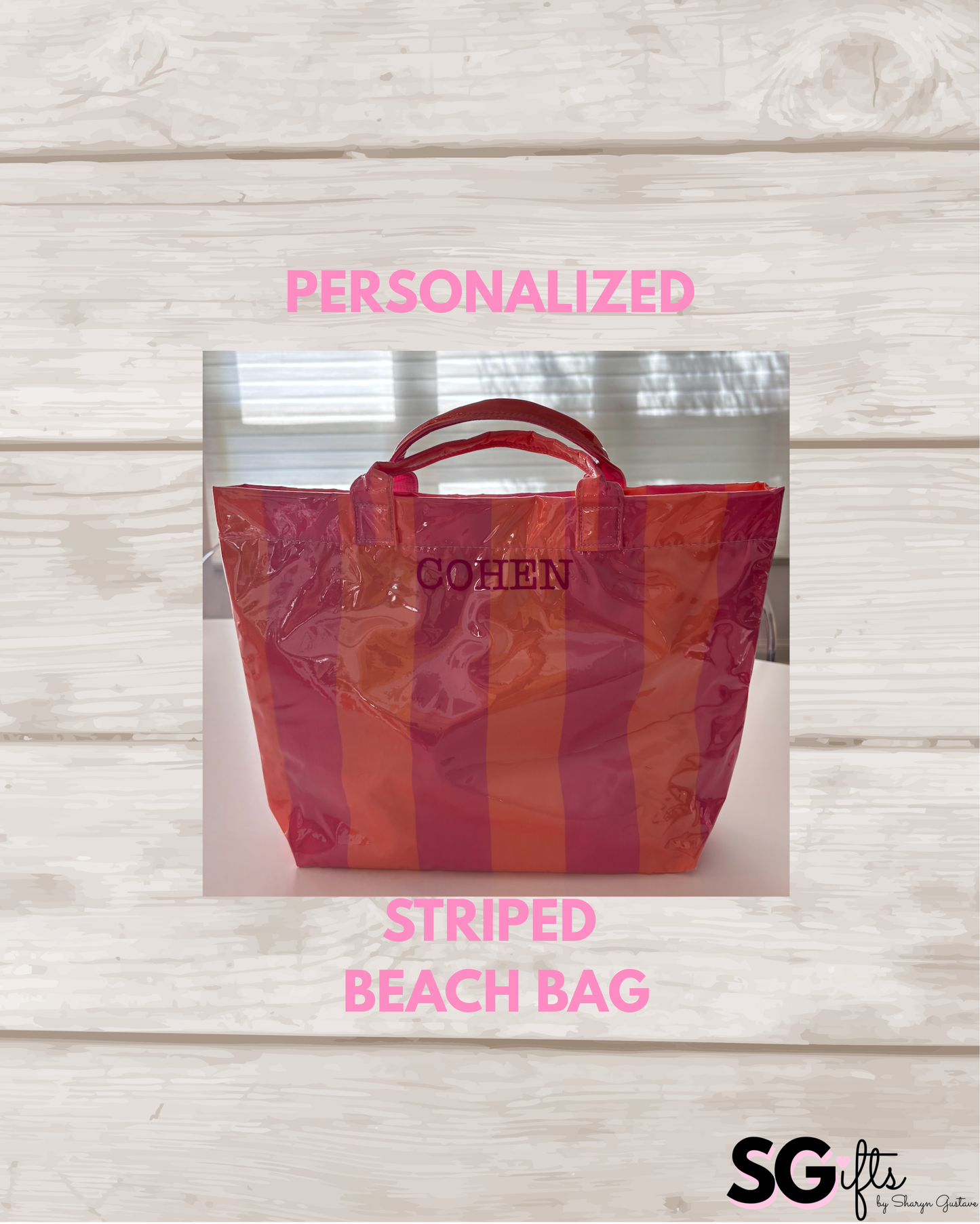 Personalized thick striped beach bag / waterproof pink / orange