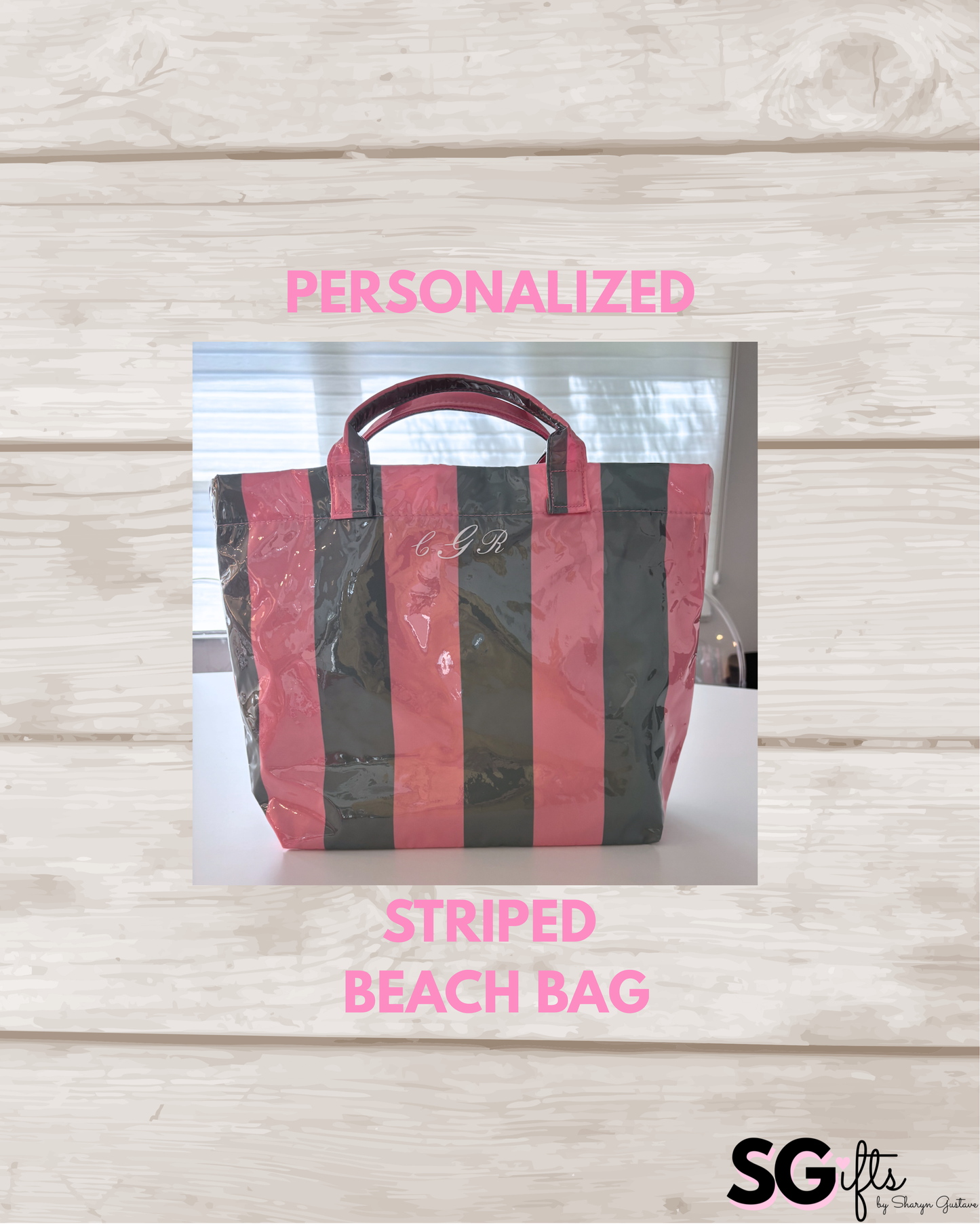 Personalized thick striped beach bag / waterproof pink / green