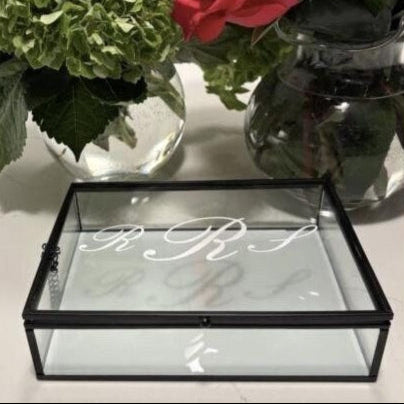 6" x 7.5" personalized glass box with dark hematite metal frame- romantic monogram