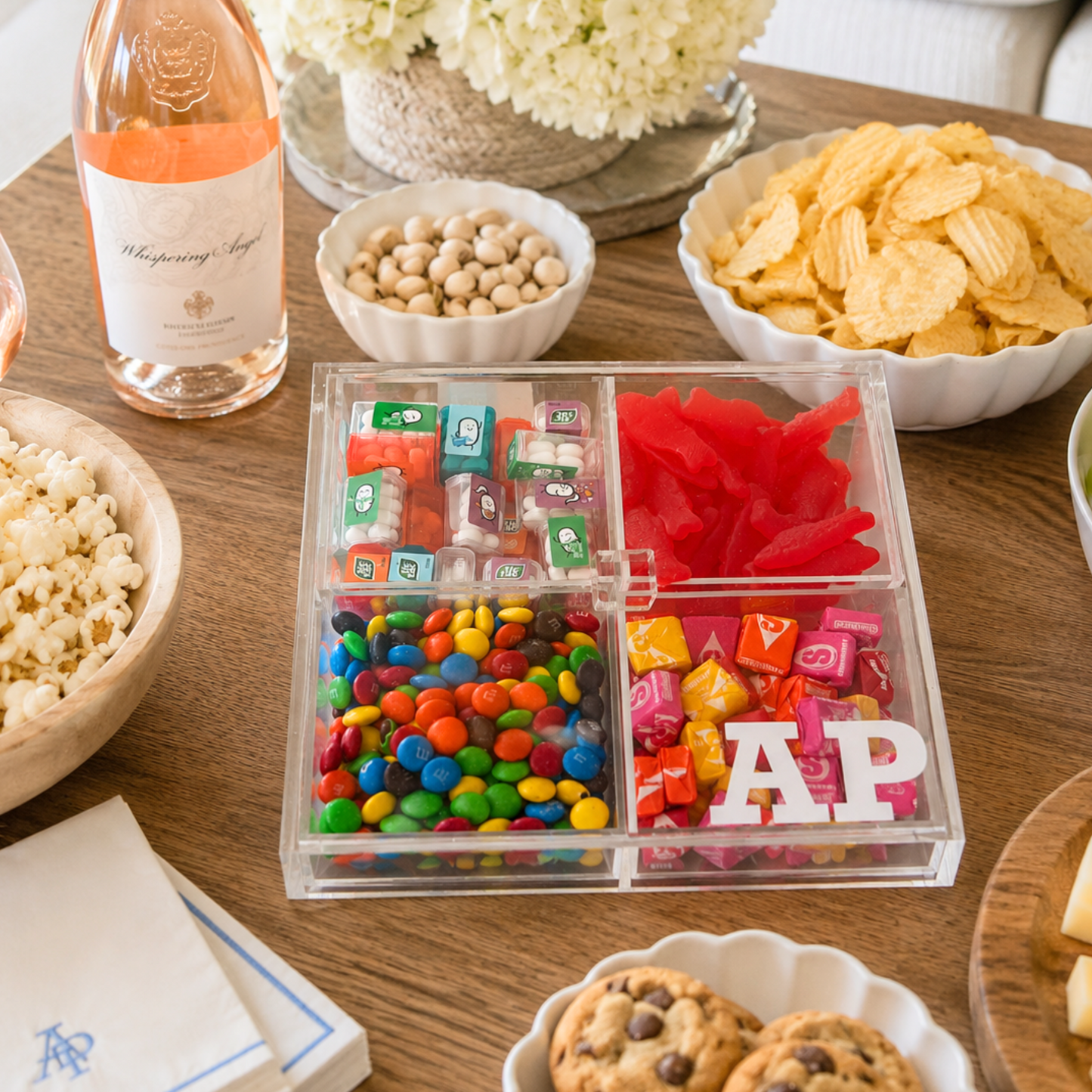 Personalized 4 section clear acrylic serving tray, sold with the candy , sections are removable