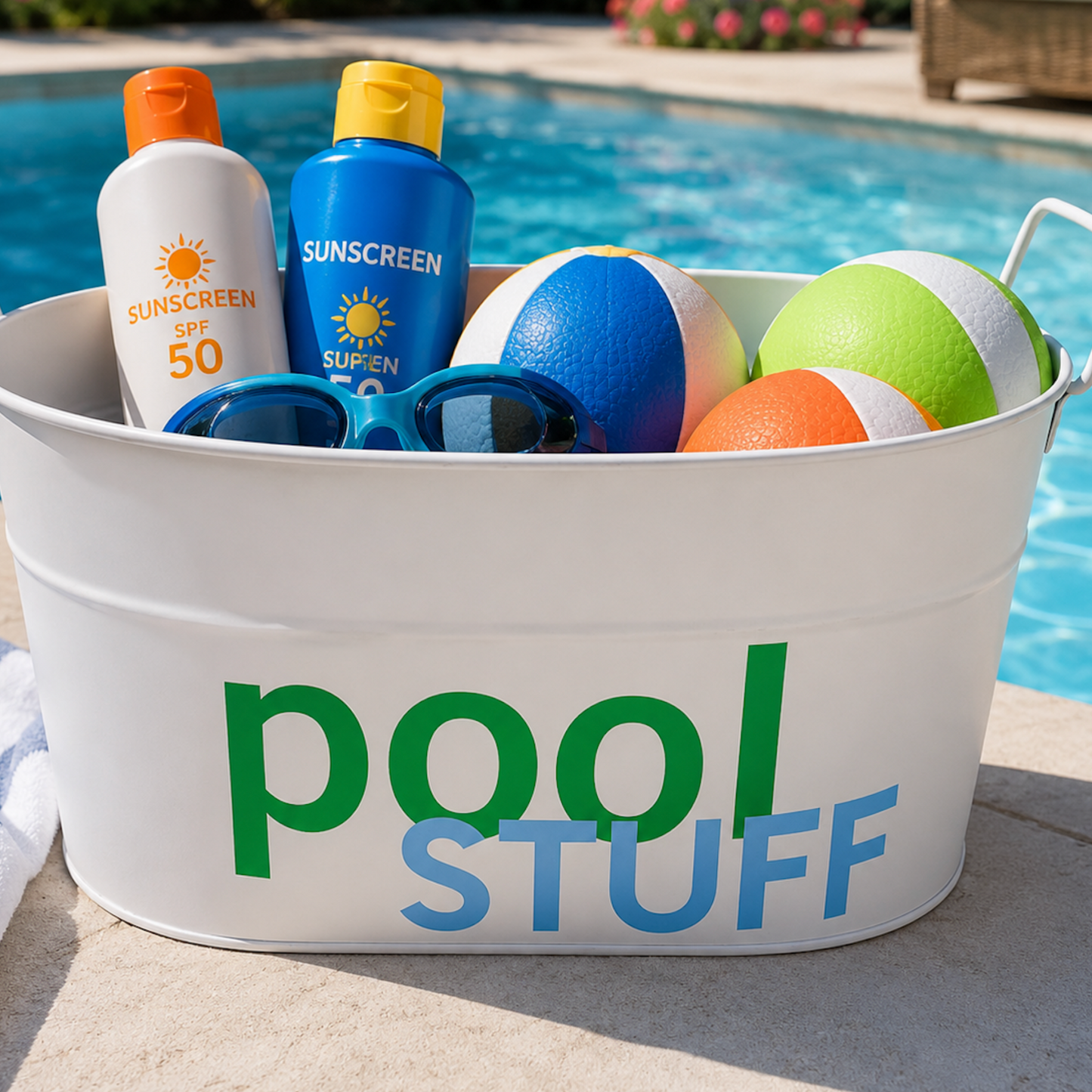 Personalized 12" white galvanized catch all tin - POOL STUFF