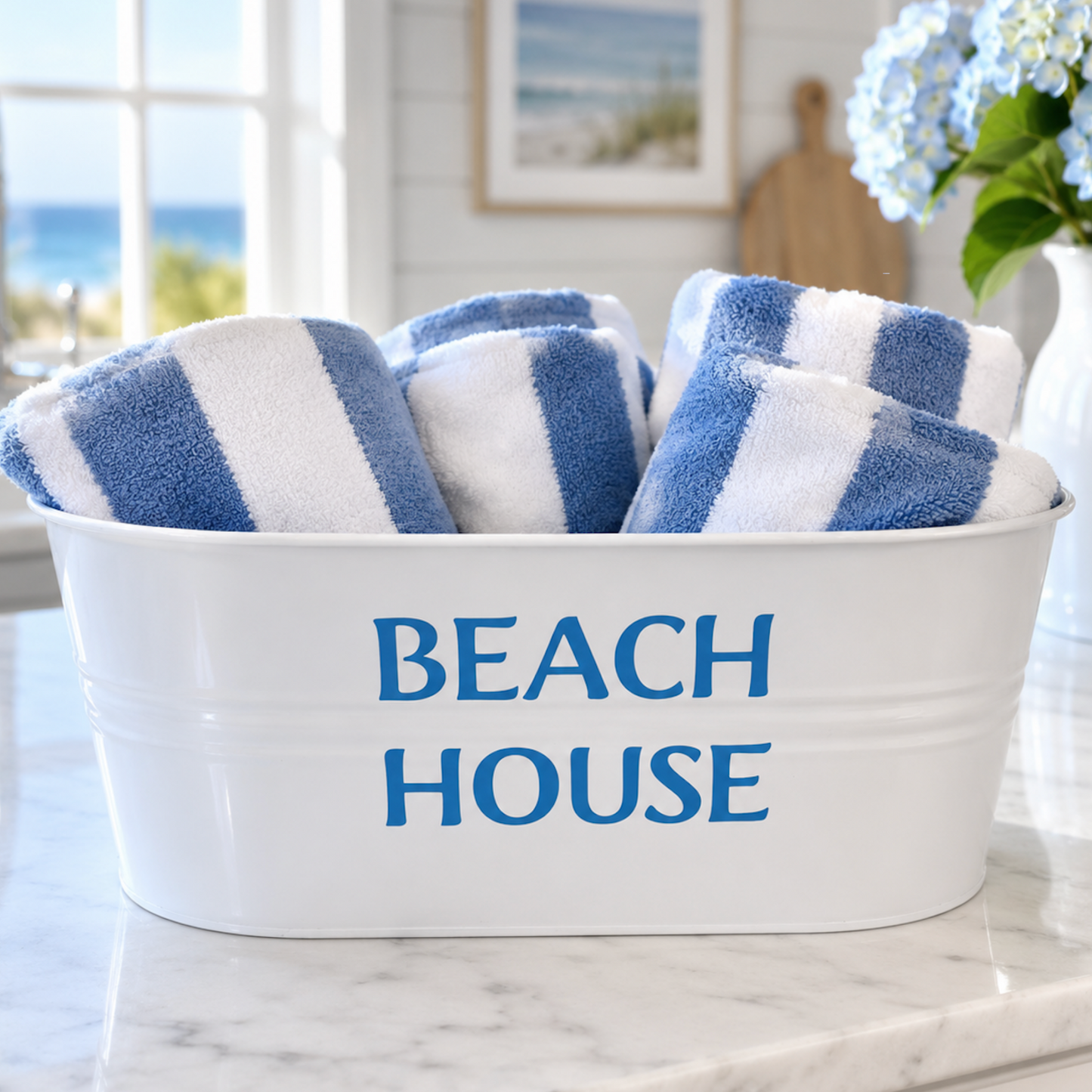 Personalized 12" white galvanized catch all tin - Beach House