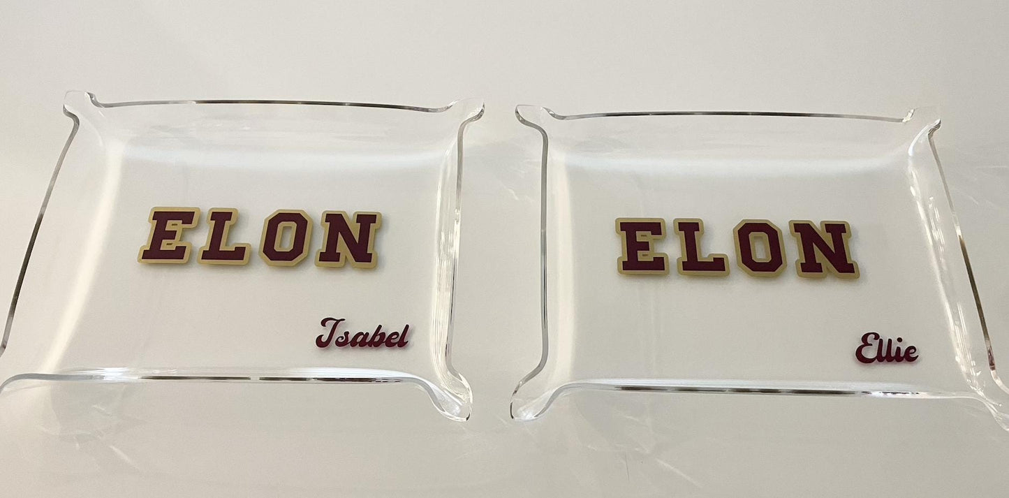 personalized 6" x 8" acrylic Pinch Tray with your college in bold permanent vinyl and your name