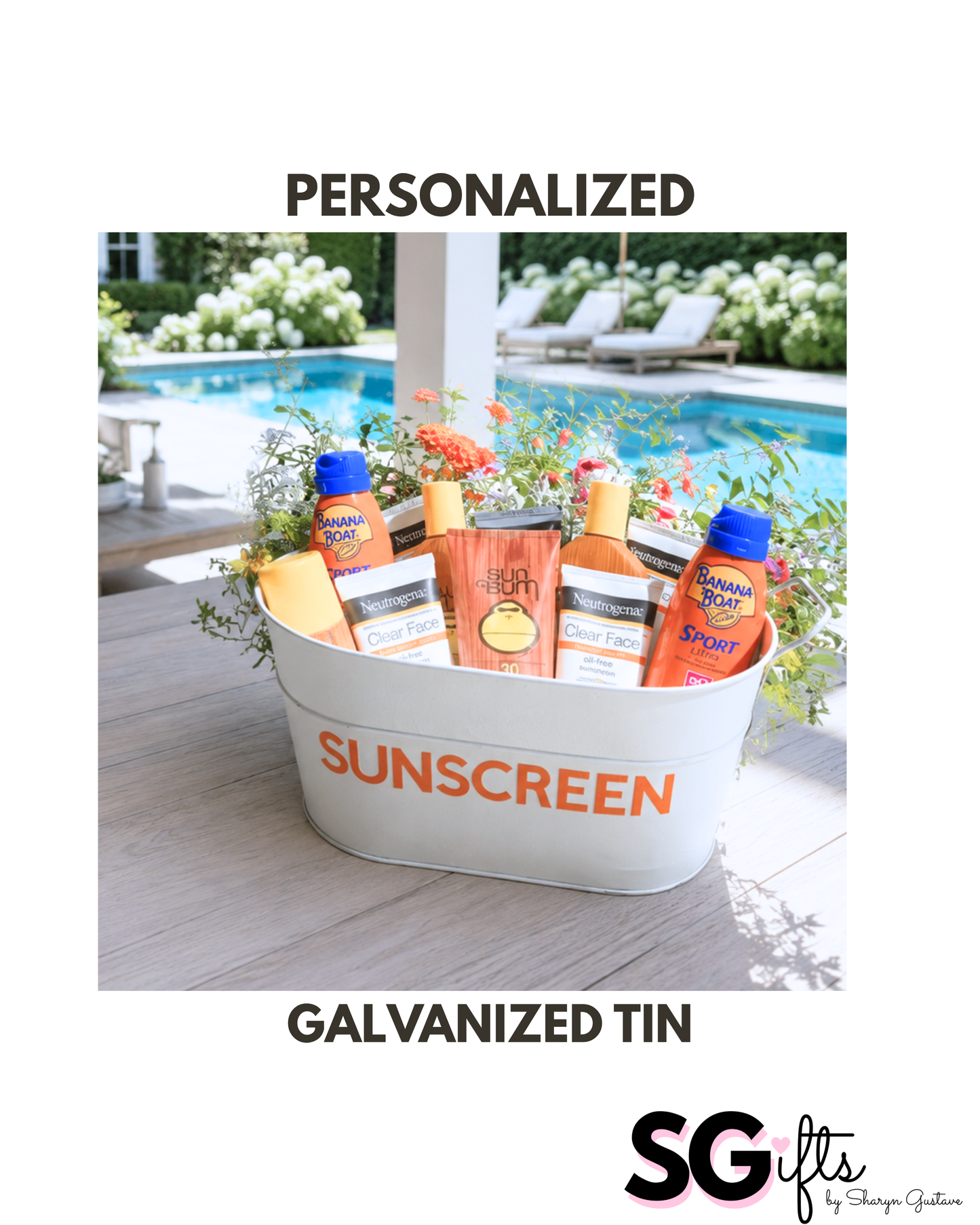 12" white metal tin personalized with SUNSCREEN