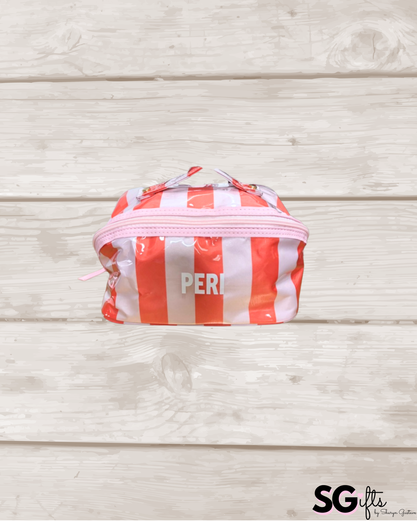 Personalized coated travel makeup bag with 3 compartments - pale pink/red -large