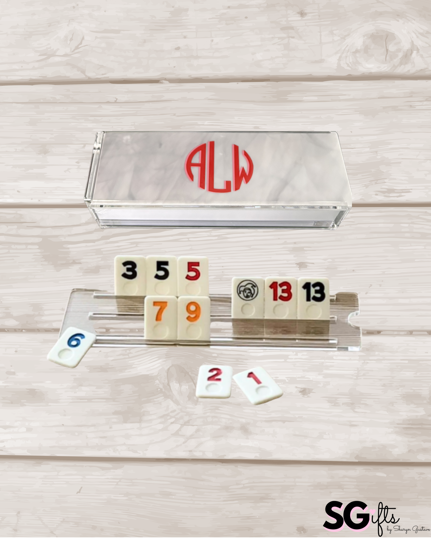 Personalized acrylic rummikub set - opaque white marble