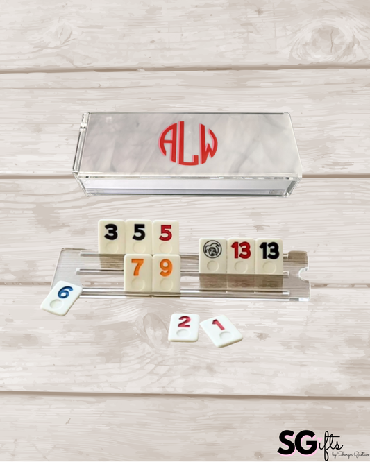 Personalized acrylic rummikub set - opaque white marble