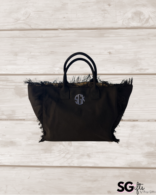 Personalized black canvas fringe tote bag 20" x 12" x 8"