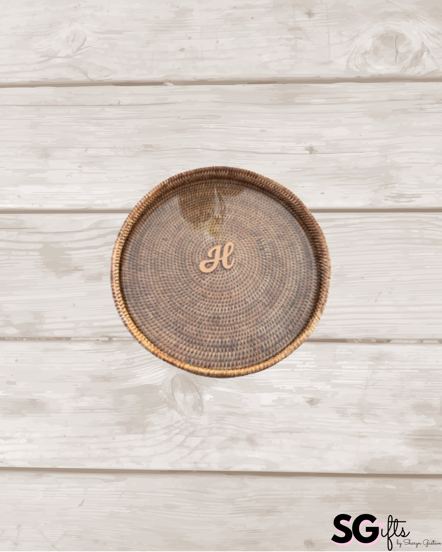 Personalized 16" x 2" round rattan tray with glass insert