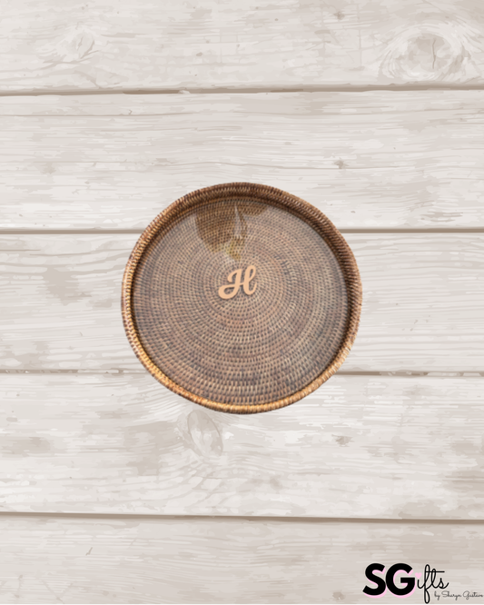 Personalized 16" x 2" round rattan tray with glass insert