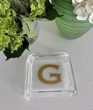 personalized 6" x 5.5" clear acrylic catch all tray with your initial in the center