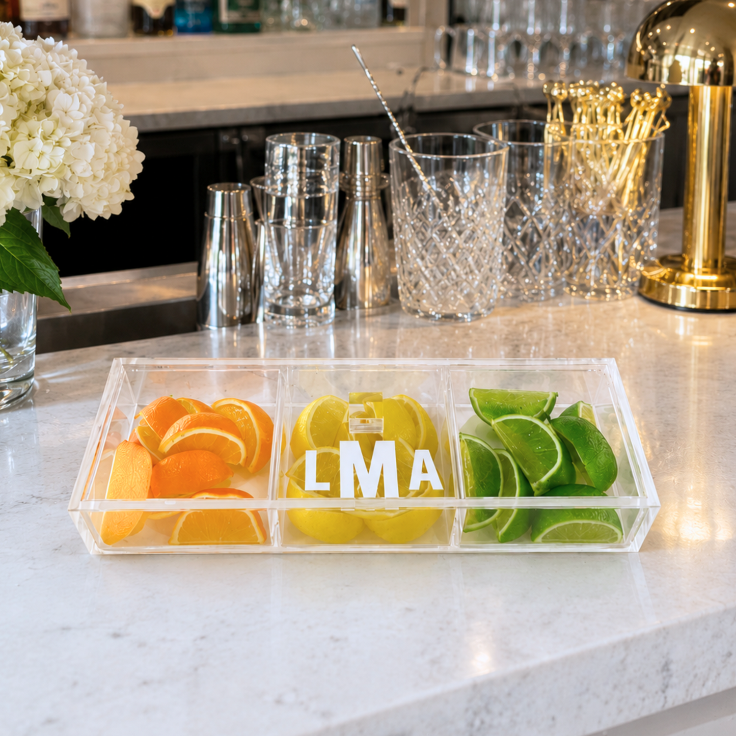 Personalized 3 section clear acrylic serving tray,  sections are removable